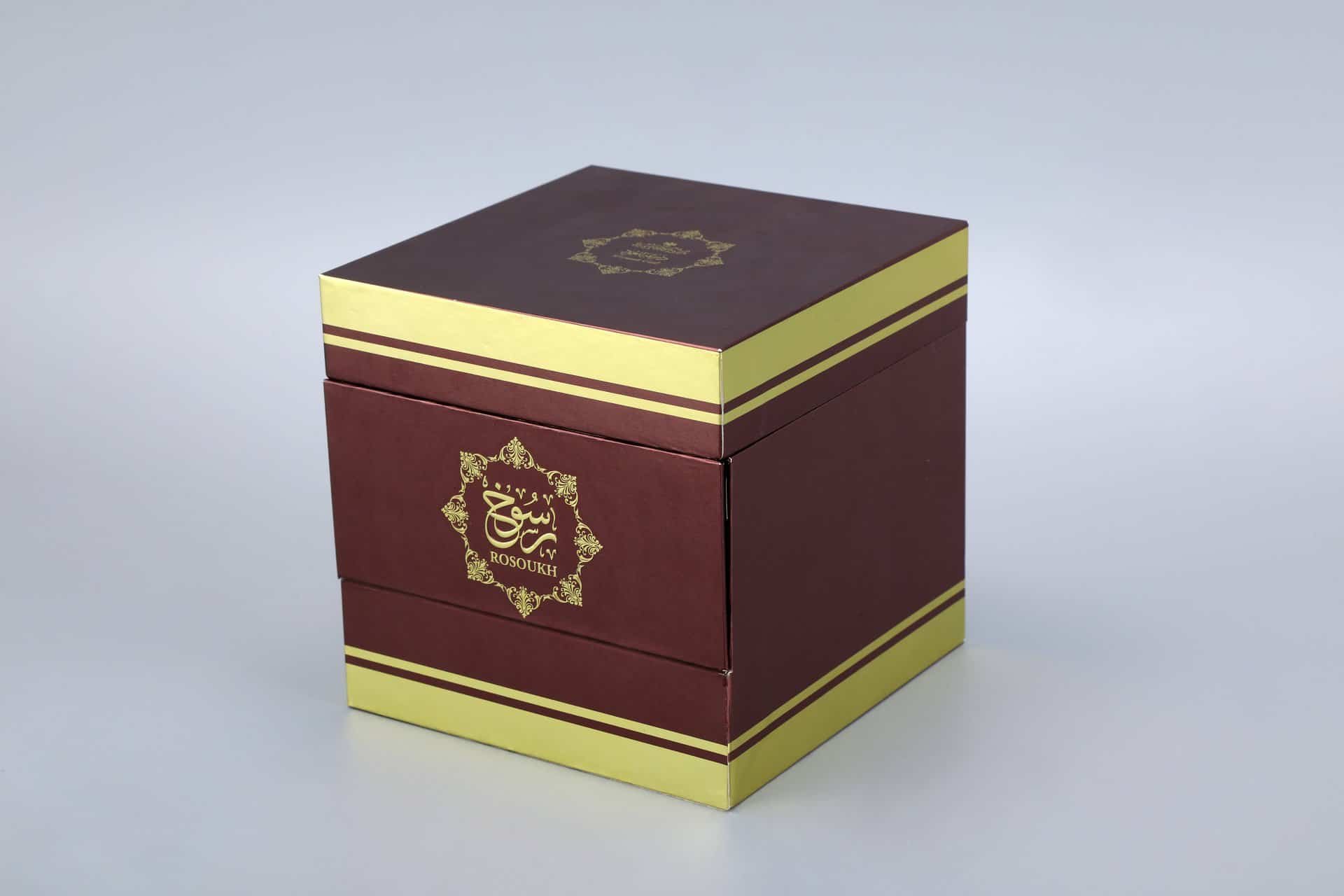 Our product is a custom packaging box designed in an elegant brown and gold color scheme, featuring intricate patterns. It is set against a neutral background to highlight its decorative craftsmanship while aligning with standard packaging box terminology.